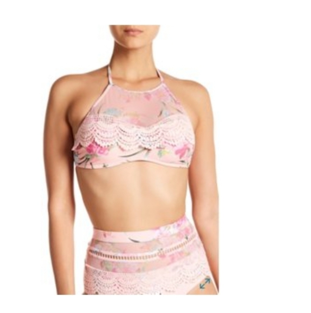 Betsey Johnson pink floral halter swim top